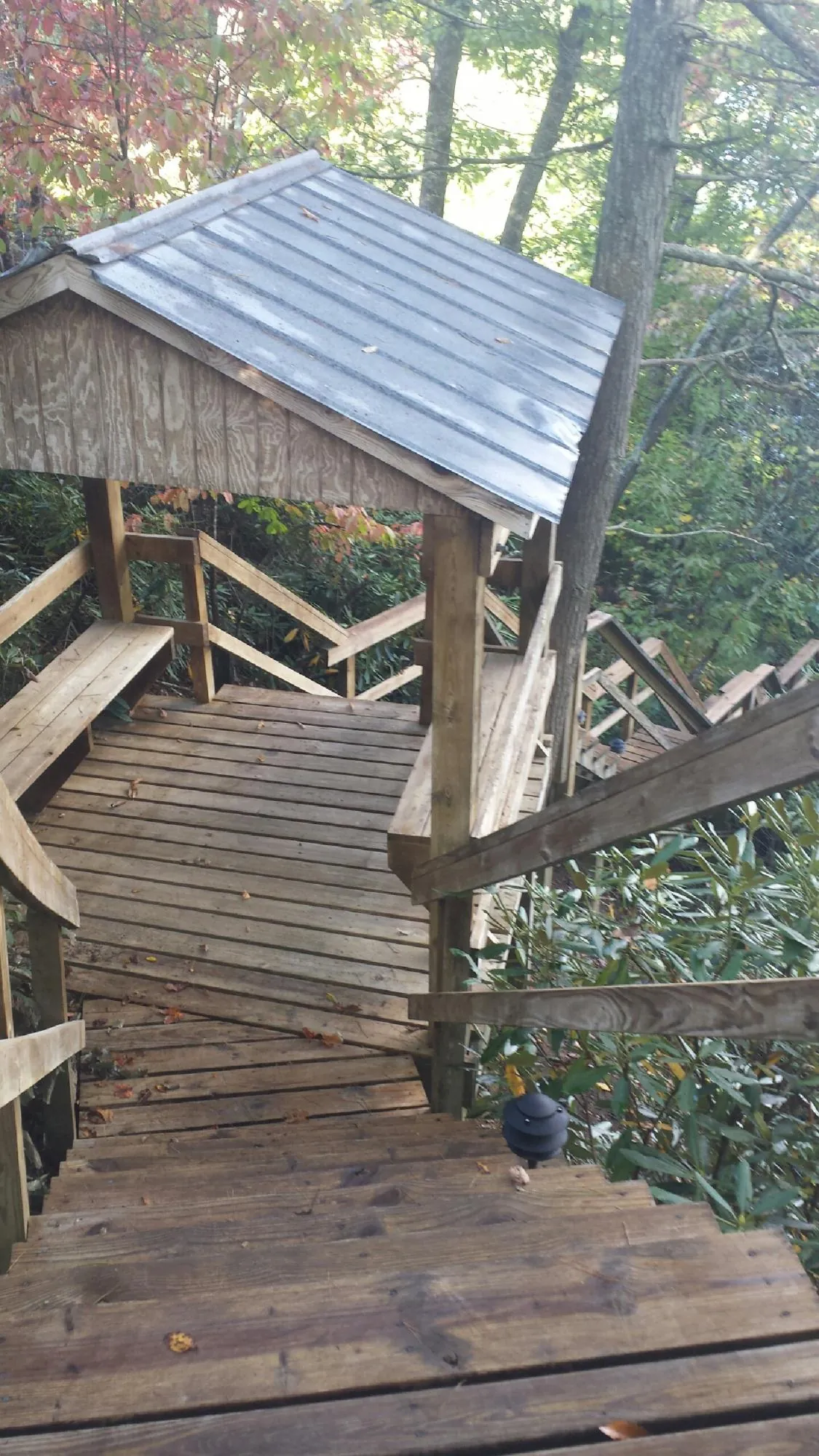 Metal roofed shelter over wooden steps on a wooded walkway — Skylight Repair & Installation work by our crew in Finley